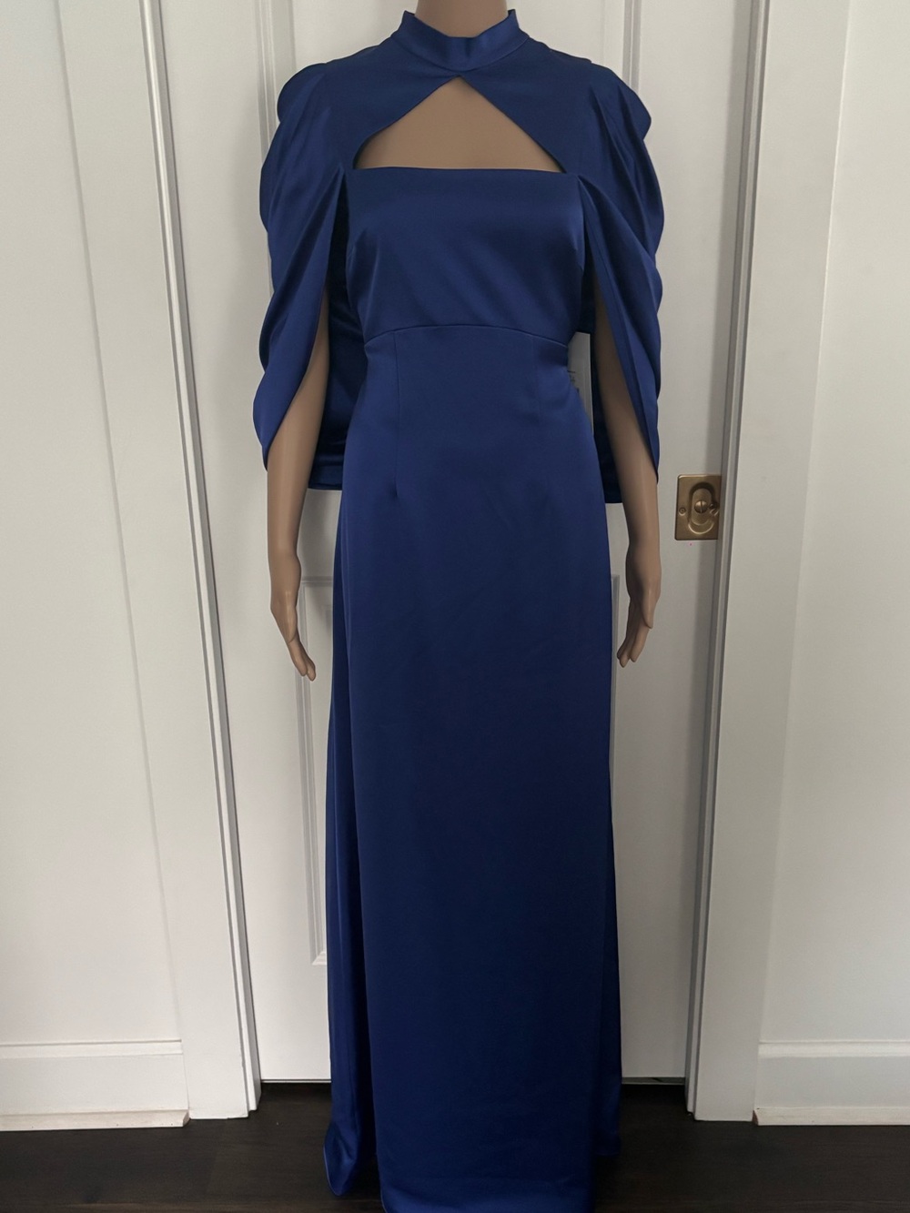 Theia Cobalt Blue Satin Maxi Gown with Capelet - Picture 2 of 6